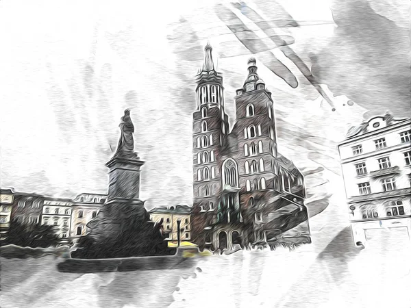 Stare Miasto Krakow Sztuka Ilustracja Retro Vintage — Zdjęcie stockowe