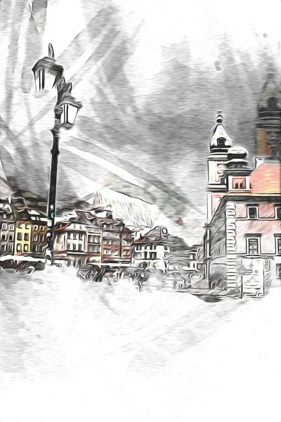 Βαρσοβία Cityscape Εξωτερική Ζωγραφική Σκίτσο Εικονογράφηση — Φωτογραφία Αρχείου