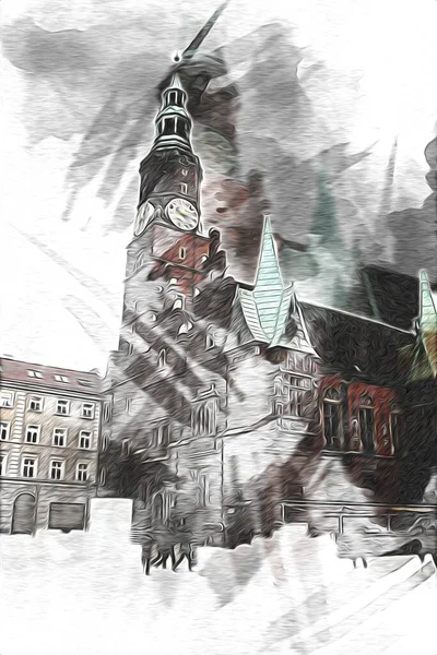 Wroclaw City Poland Rétro Vintage Art Dessin Croquis Illustration — Photo