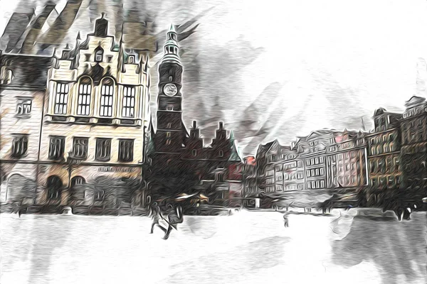 Wroclaw Stad Polen Retro Vintage Kunst Tekening Schets Illustratie — Stockfoto