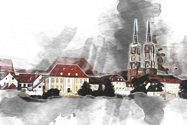Breslau Stadt Polen Retro Vintage Art Zeichnung Skizze Illustration — Stockfoto