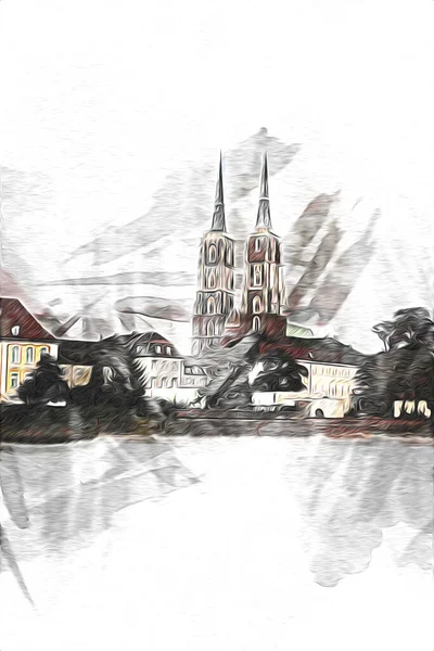 Wroclaw Stad Poland Retro Vintage Konst Teckning Skiss Illustration — Stockfoto