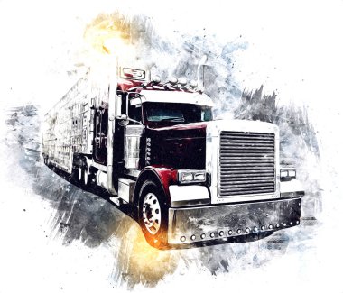 Amerikan kamyon illüstrasyon rengi izole edilmiş eski sanat eseri