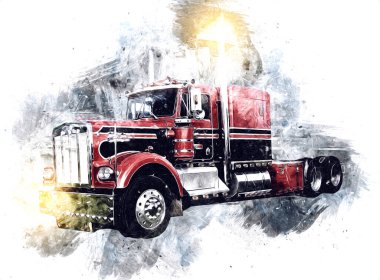 Amerikan kamyon illüstrasyon rengi izole edilmiş eski sanat eseri