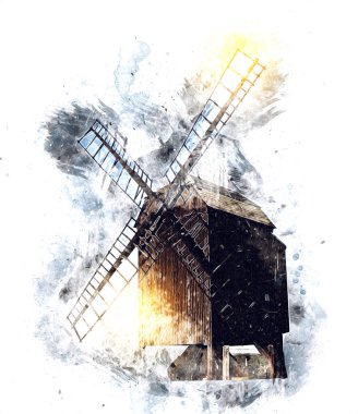 Eski yel değirmeni antika çizim sanatı