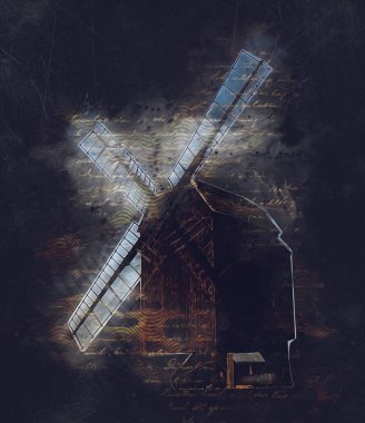 Eski yel değirmeni antika çizim sanatı