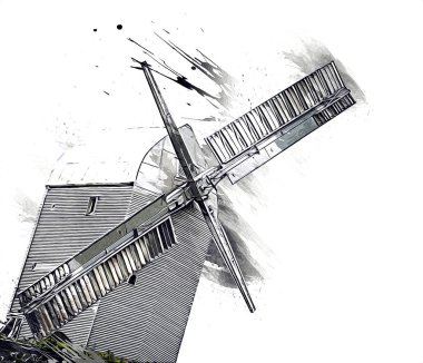 Eski yel değirmeni antika çizim sanatı