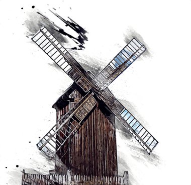 Eski yel değirmeni antika çizim sanatı