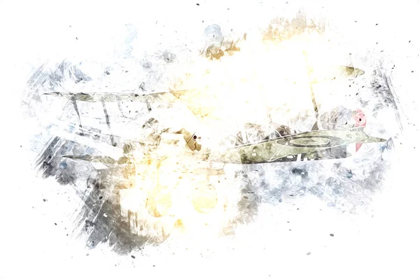 白色背景艺术中孤立的老式战斗机复古图解 — 图库照片