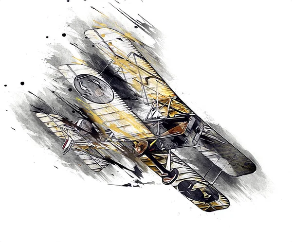 白色背景艺术中孤立的老式战斗机复古图解 — 图库照片