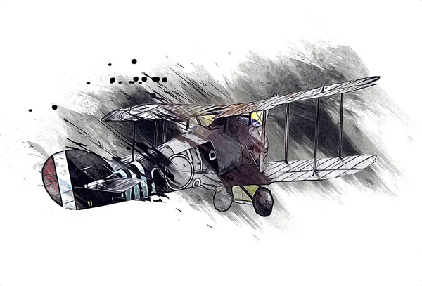 Viejo Avión Combate Aislado Sobre Fondo Blanco Arte Vintage Ilustración —  Fotos de Stock