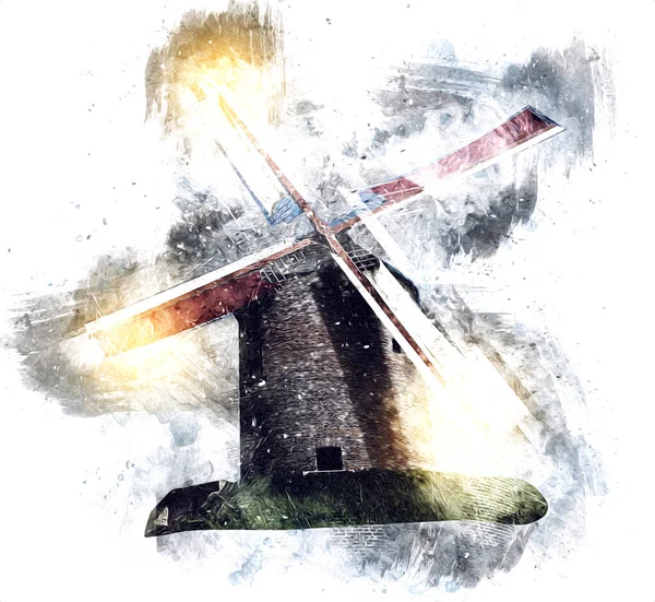 Windmühle Alten Retro Jahrgang Zeichnung Illustration Kunst — Stockfoto