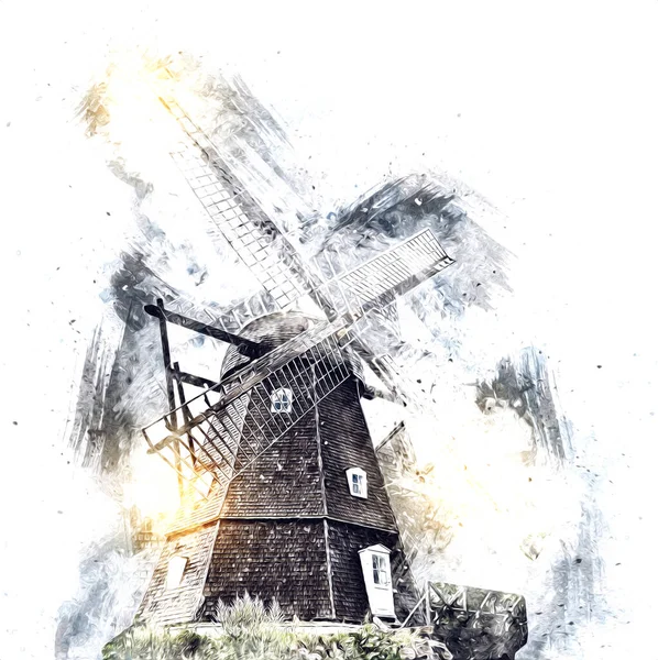 Moulin Vent Ancien Rétro Dessin Vintage Illustration Art — Photo