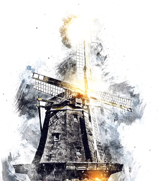 Windmühle Alten Retro Jahrgang Zeichnung Illustration Kunst — Stockfoto