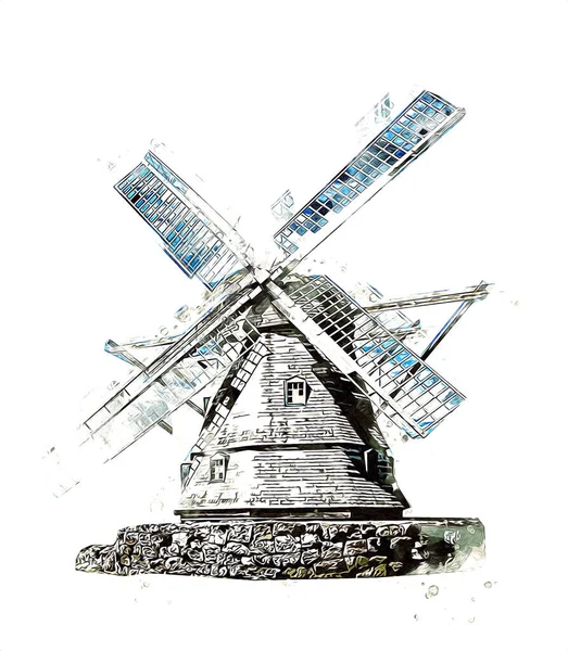 Windmühle Alten Retro Jahrgang Zeichnung Illustration Kunst — Stockfoto