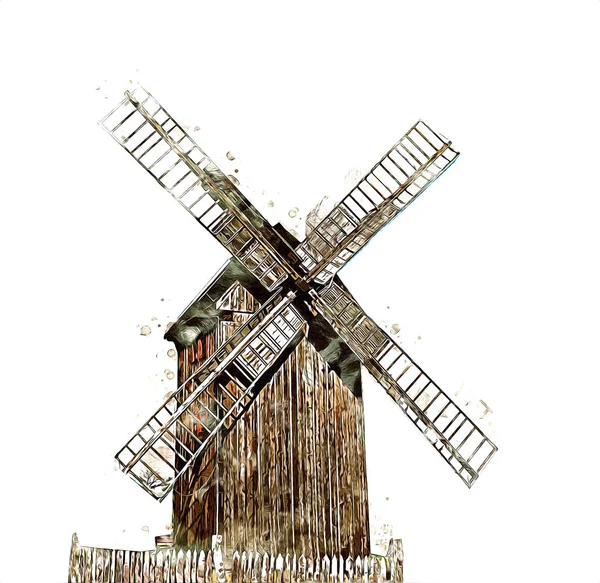 Windmühle Alten Retro Jahrgang Zeichnung Illustration Kunst — Stockfoto