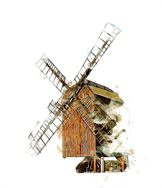 windmill old retro vintage drawing illustration art