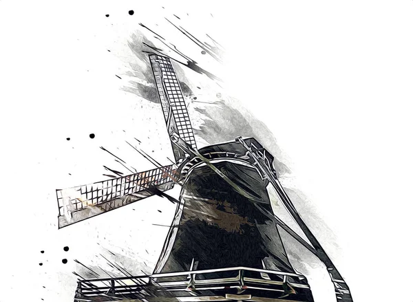 Moulin Vent Ancien Rétro Dessin Vintage Illustration Art — Photo