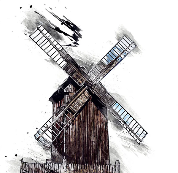 Windmühle Alten Retro Jahrgang Zeichnung Illustration Kunst — Stockfoto