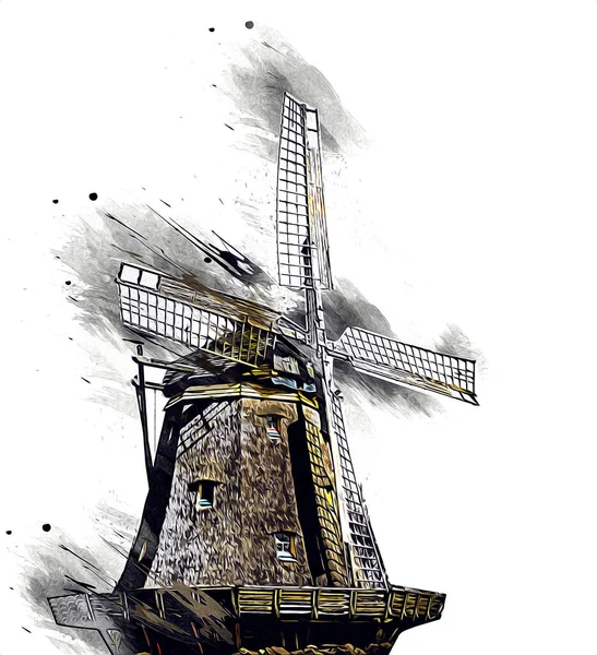 Moulin Vent Ancien Rétro Dessin Vintage Illustration Art — Photo