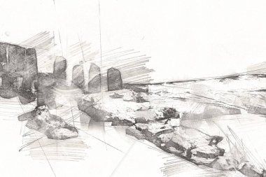 Beyaz kumlu güzel bir sahil, yaz tatili sanat çizimleri için doğal arka plan.