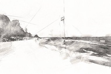 Beyaz kumlu güzel bir sahil, yaz tatili sanat çizimleri için doğal arka plan.