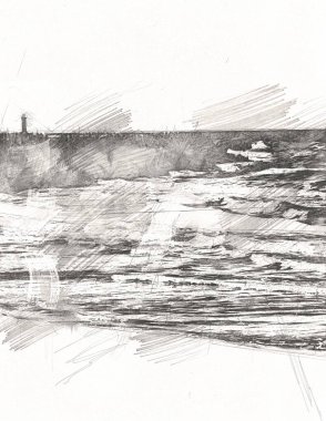 Beyaz kumlu güzel bir sahil, yaz tatili sanat çizimleri için doğal arka plan.