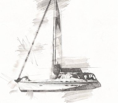 Yelkenli tekneler marina sanat illüstrasyonuna yerleştirildi.