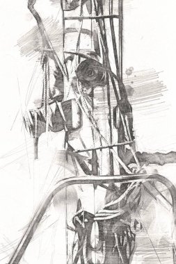 Yelkenli tekneler marina sanat illüstrasyonuna yerleştirildi.