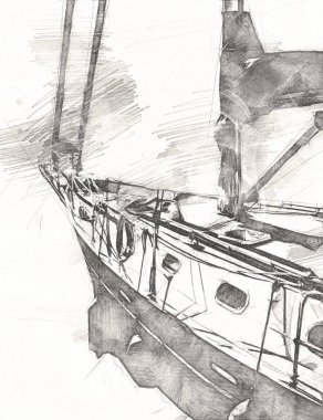 Yelkenli tekneler marina sanat illüstrasyonuna yerleştirildi.