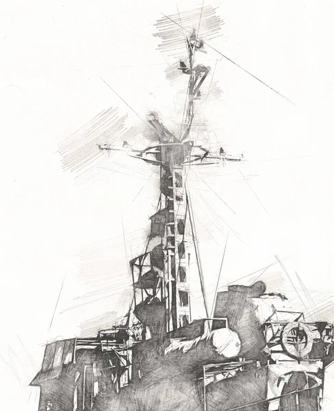 Military radar air surveillance on navy ship, art illustration drawing vintage