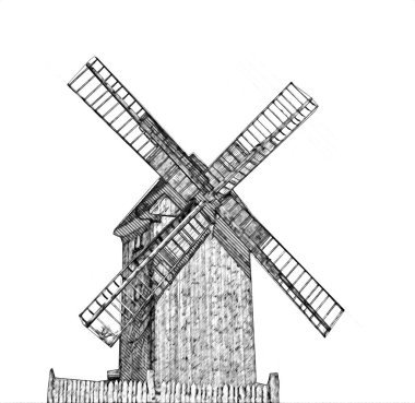 Eski yel değirmeni antika çizim sanatı