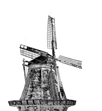 Eski yel değirmeni antika çizim sanatı