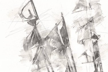 Rüzgarda dalgalanan renkli deniz yelkenli bayrakları sanat eseri çizimleri