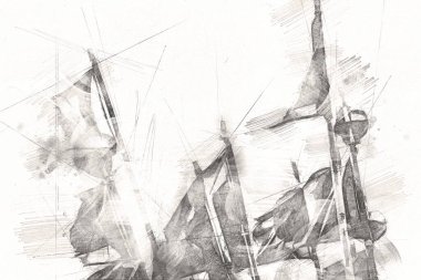 Rüzgarda dalgalanan renkli deniz yelkenli bayrakları sanat eseri çizimleri