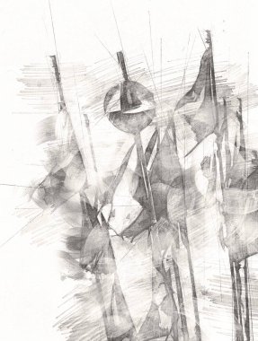 Rüzgarda dalgalanan renkli deniz yelkenli bayrakları sanat eseri çizimleri