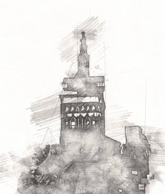 Polonya 'daki Gdansk şehrinin mimarisinin güzel bir görüntüsünün suluboya çizimi veya çizimi