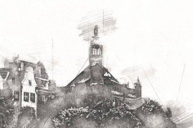 Polonya 'daki Gdansk şehrinin mimarisinin güzel bir görüntüsünün suluboya çizimi veya çizimi