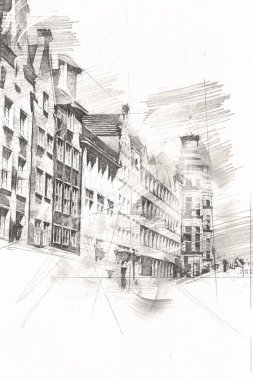 Polonya 'daki Gdansk şehrinin mimarisinin güzel bir görüntüsünün suluboya çizimi veya çizimi