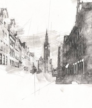 Polonya 'daki Gdansk şehrinin mimarisinin güzel bir görüntüsünün suluboya çizimi veya çizimi