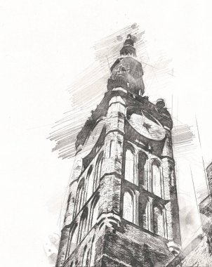 Polonya 'daki Gdansk şehrinin mimarisinin güzel bir görüntüsünün suluboya çizimi veya çizimi