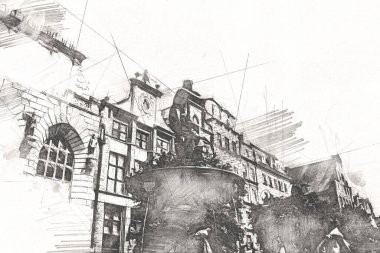 Polonya 'daki Gdansk şehrinin mimarisinin güzel bir görüntüsünün suluboya çizimi veya çizimi