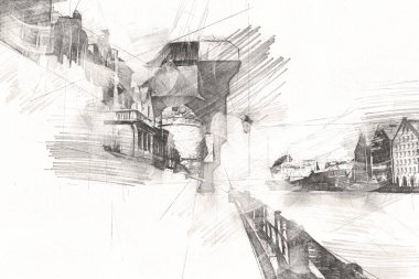 Polonya 'daki Gdansk şehrinin mimarisinin güzel bir görüntüsünün suluboya çizimi veya çizimi