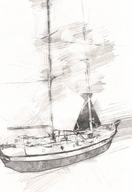 Yelkenli tekneler rıhtıma, liman sanatı illüstrasyonları klasik