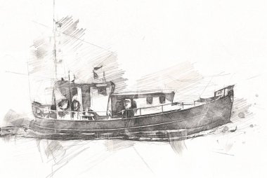 Yelkenli tekneler rıhtıma, liman sanatı illüstrasyonları klasik