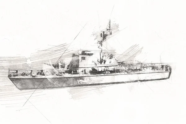 Military ship goes through the rough atlantic sea illustration vintage retro art drawing