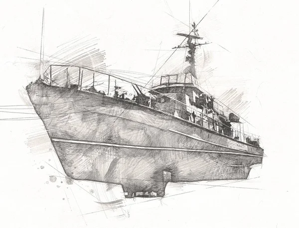 Militärschiff Fährt Durch Die Raue Atlantische See Illustration Vintage Retro — Stockfoto