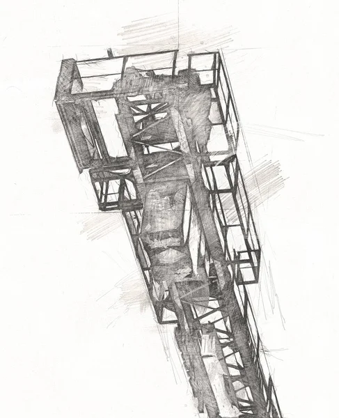 Будівництво Будівельного Майданчика Риштуванням Старовинних Художніх Ілюстрацій Ескіз Малюнка — стокове фото