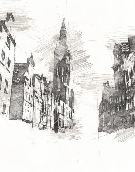 Dibujo Acuarela Ilustración Una Hermosa Vista Arquitectura Ciudad Gdansk Polonia — Foto de Stock