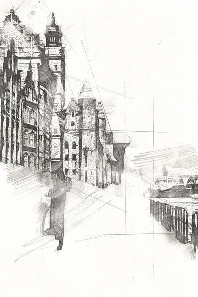 Szkic Akwarelowy Lub Ilustracja Pięknego Widoku Architekturę Gdańska Polsce — Zdjęcie stockowe
